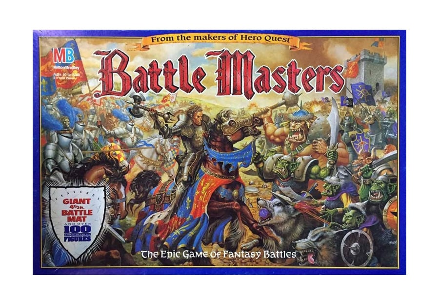 Battle Masters board game box showing knights, orcs, and fantasy armies in a chaotic medieval battle scene, with the game title in large red letters and tagline "The Epic Game of Fantasy Battles.