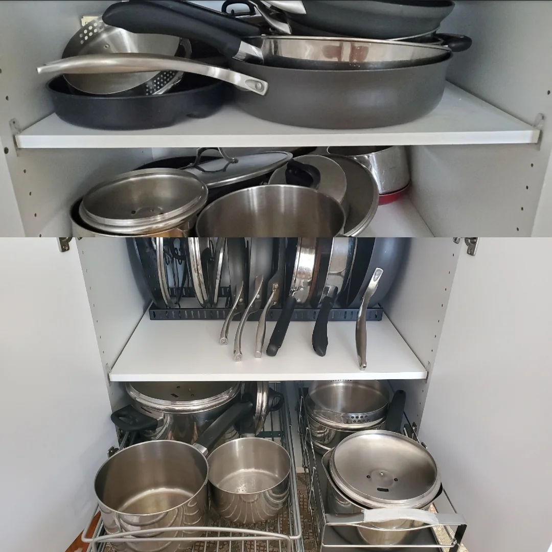 Two images show a messy cupboard with pans stacked haphazardly, and an organized cupboard with pans, lids, and pots neatly arranged in racks and shelves.