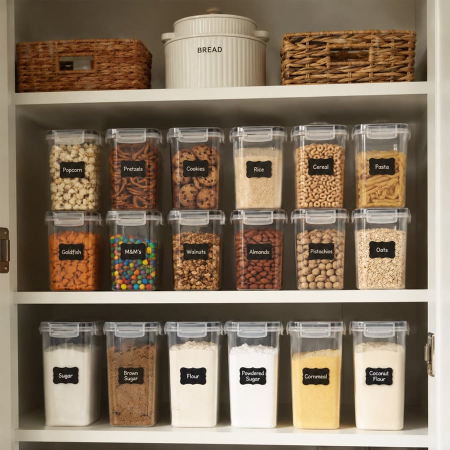 Pantry shelves neatly organized with clear containers labeled for various snacks, nuts, cereals, pasta, baking ingredients, and grains. A bread box and woven basket are on the top shelf.