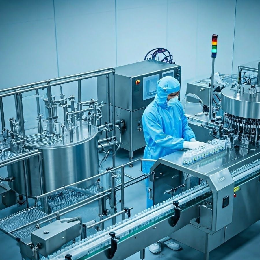 A person in blue protective gear works at a pharmaceutical production line with automated machines and conveyor belts inside a clean, sterile environment.