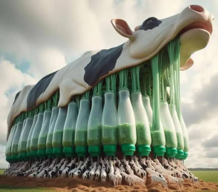 A surreal image of a giant dairy cow with its belly made of green bottles, each filled with green liquid, being "milked" by rows of smaller cows underneath.