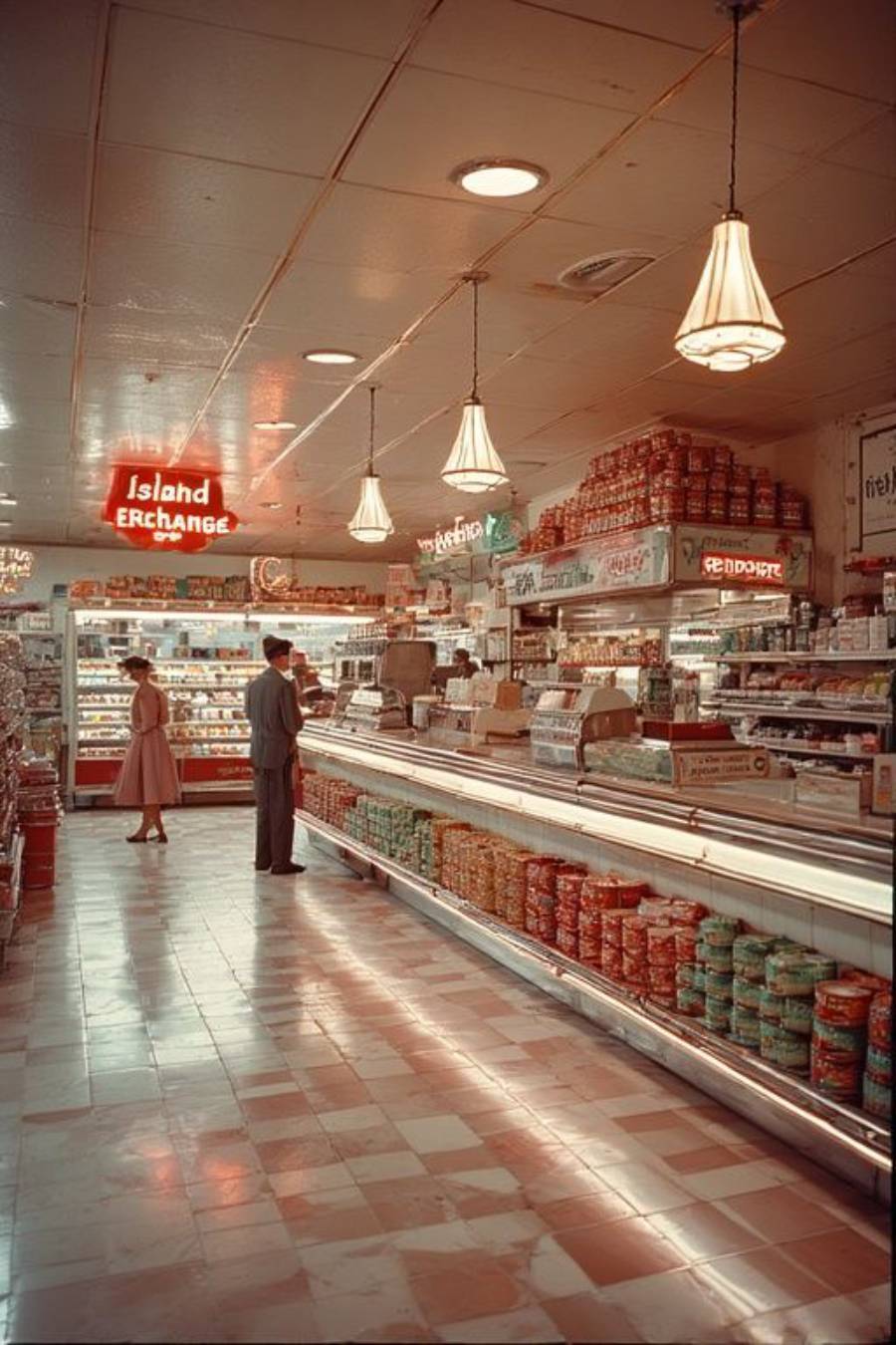 A vintage supermarket scene with two people shopping in a brightly lit aisle lined with canned goods. Retro light fixtures hang from the ceiling, and red neon signs display "Island Exchange.