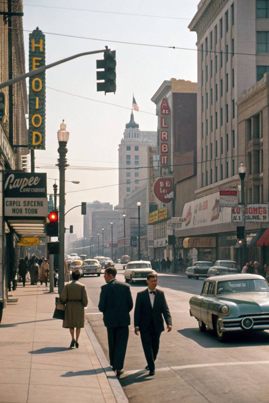 A busy city street scene from the 1960s shows people walking on the sidewalk, vintage cars driving on the road, and storefronts with neon signs and a tall building with a US flag in the background.
