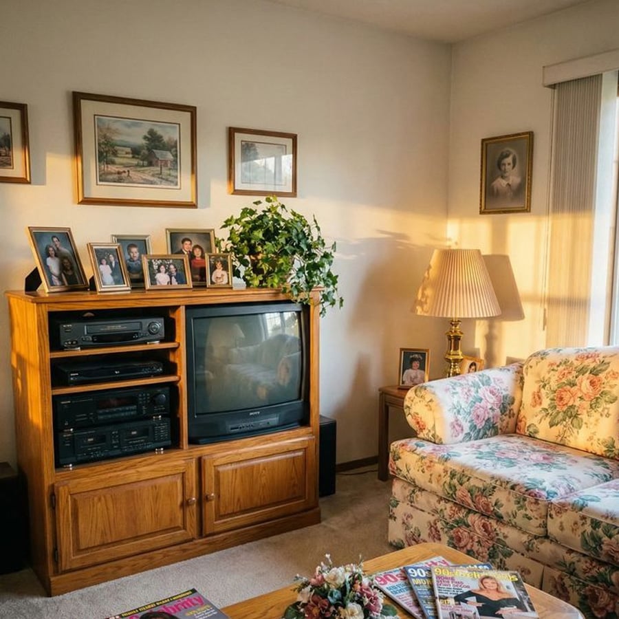 A cozy living room with a floral couch, wooden TV stand holding a box TV, framed family photos, lamps, houseplant, and magazines on the coffee table. Soft sunlight fills the room.