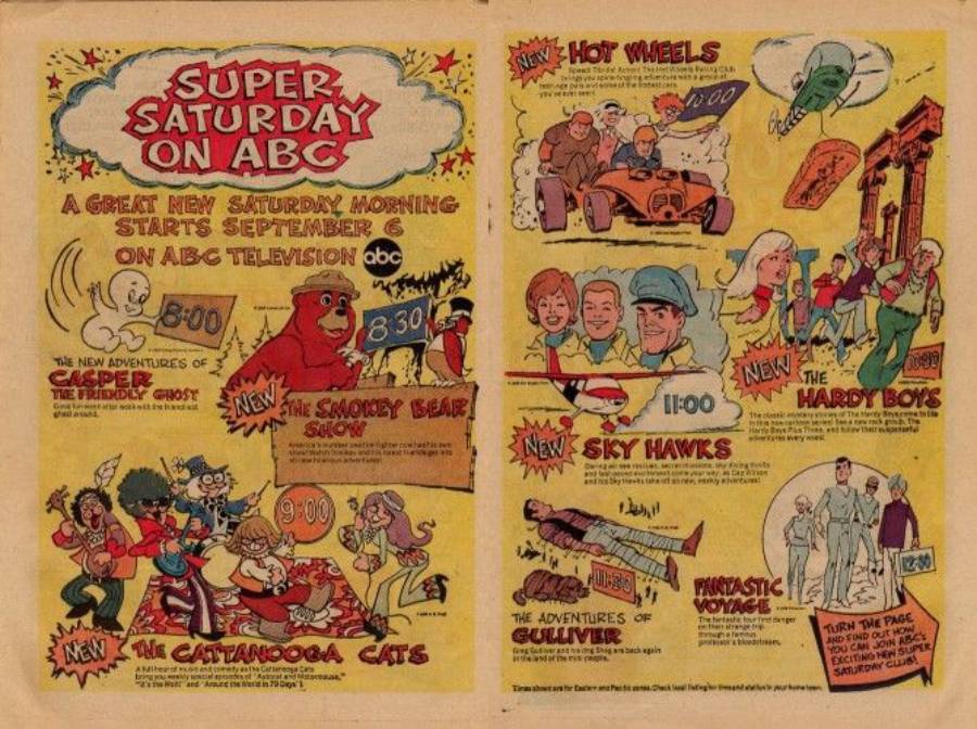 Vintage ABC TV ad with colorful cartoon characters promoting "Super Saturday." Shows Casper, Smokey Bear, Cattanooga Cats, Hot Wheels, Sky Hawks, Hardy Boys, Gulliver, and Fantastic Voyage with lively captions and comic-style art.