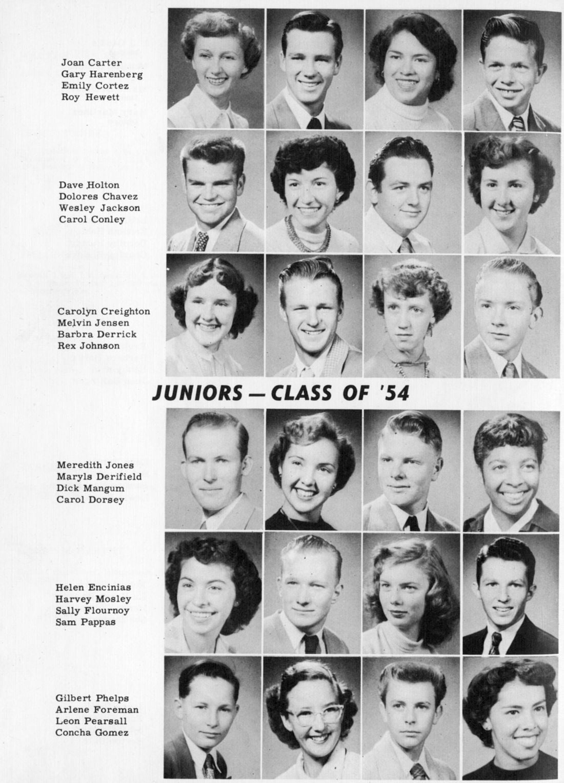 Yearbook page labeled "Juniors - Class of '54" with black and white headshots of students arranged in rows, each row including four or five individuals, with names listed on the left.