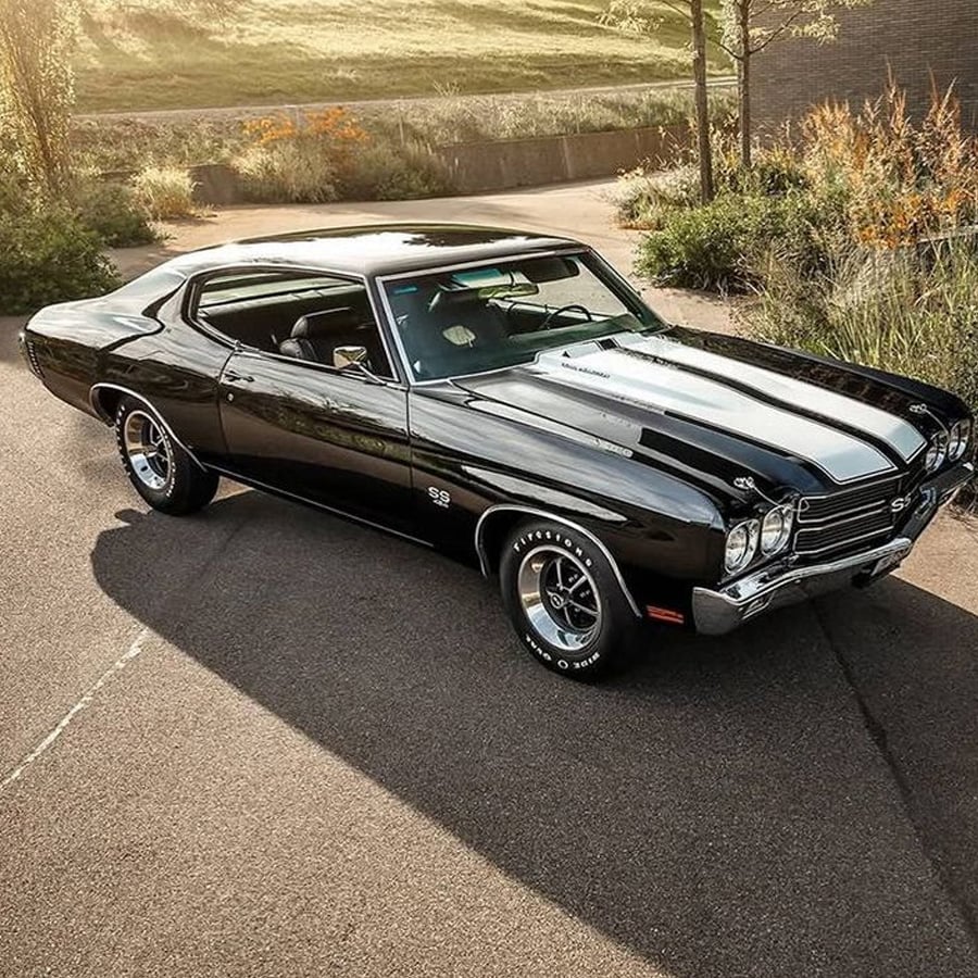 A black 1970 Chevrolet Chevelle SS muscle car with white racing stripes is parked on a sunlit road, surrounded by greenery.