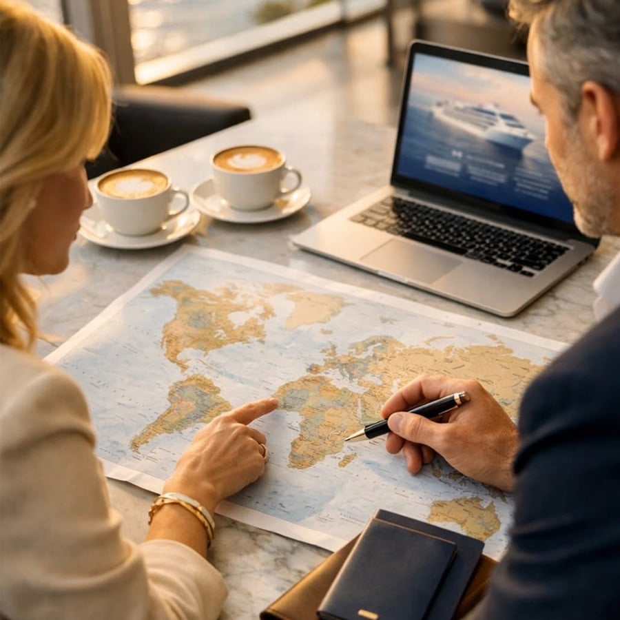 Two people sit at a table with coffee, looking at a world map. One person points to a location while the other holds a pen. An open laptop and notebooks are on the table, suggesting travel planning.