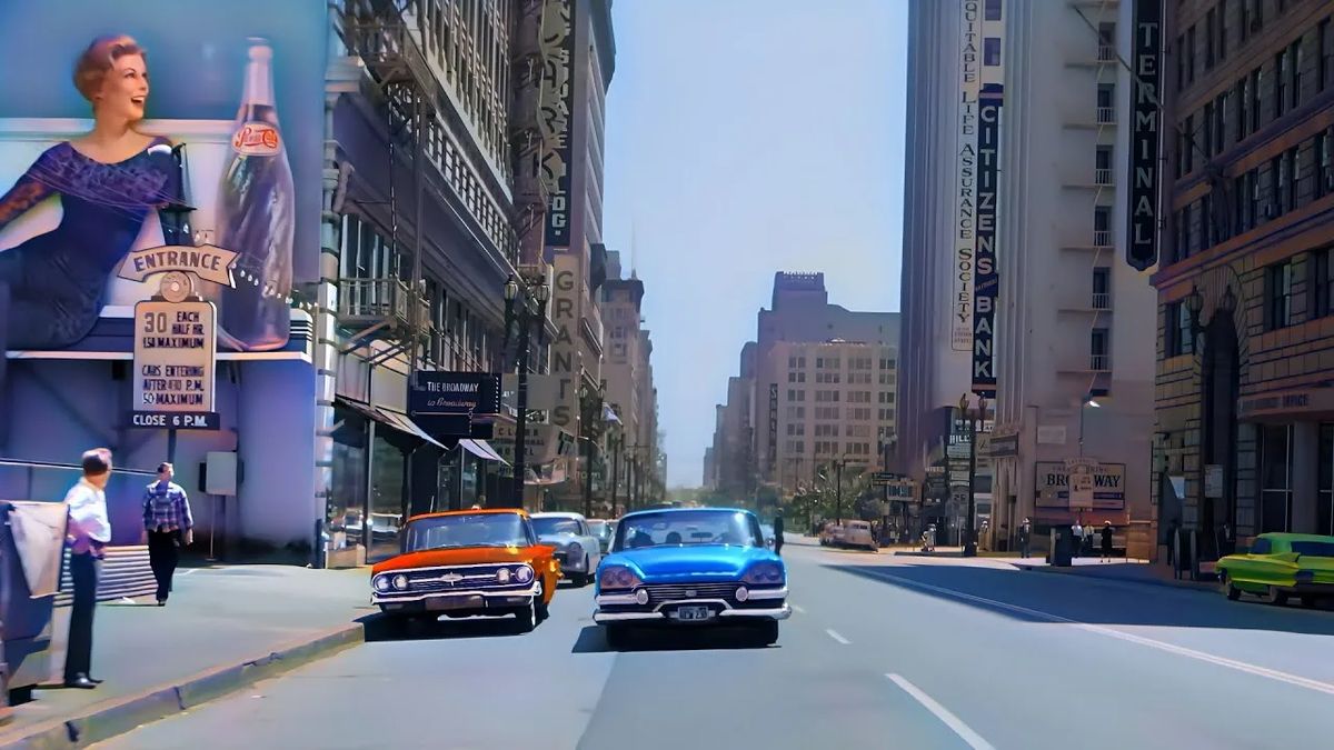 A vibrant, vintage city street scene with classic cars driving past tall buildings and shops. On the left, a large Coca-Cola mural with a smiling woman is visible, and people are walking on the sidewalk under clear blue skies.