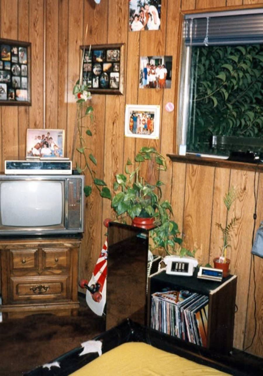 A vintage room with wood-paneled walls, a box TV on a wooden stand, framed photos, plants, a window with blinds, a clock, and a vinyl record collection beside the bed.