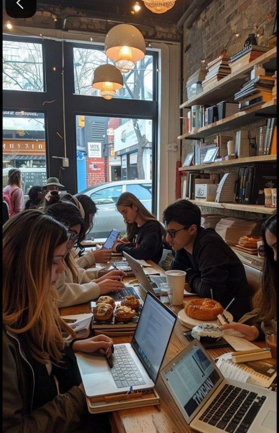 Several people sit at a long wooden table in a cozy café, working on laptops and notebooks. Pastries and drinks are on the table, and shelves with books line the wall. Large windows show a street outside.