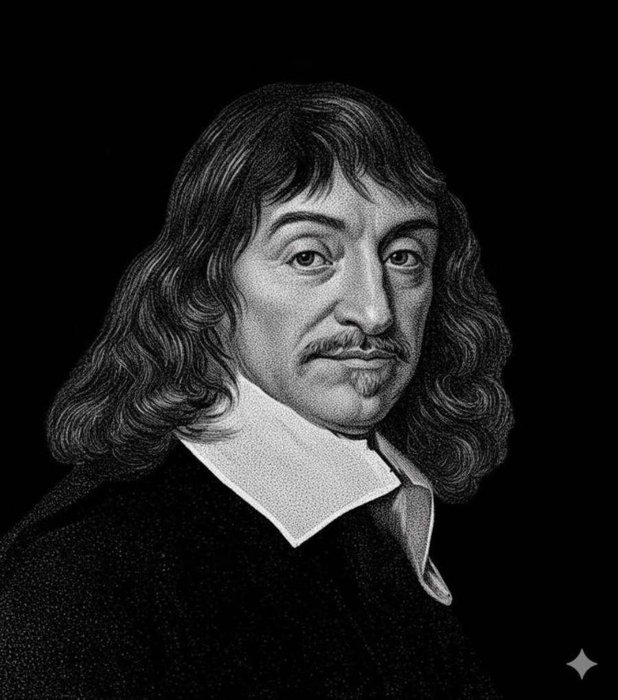 Black and white portrait of a man with long wavy hair, a mustache, and a pointed beard, wearing a dark coat and a white collar, set against a plain black background.