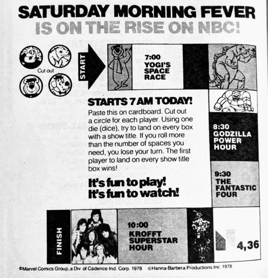 A black-and-white TV guide page shows a Saturday morning NBC game board with cartoon show titles, times, and images: Yogi's Space Race at 7:00, Godzilla Power Hour at 8:00, The Fantastic Four at 9:30, and Krofft Superstar Hour at 11:00.