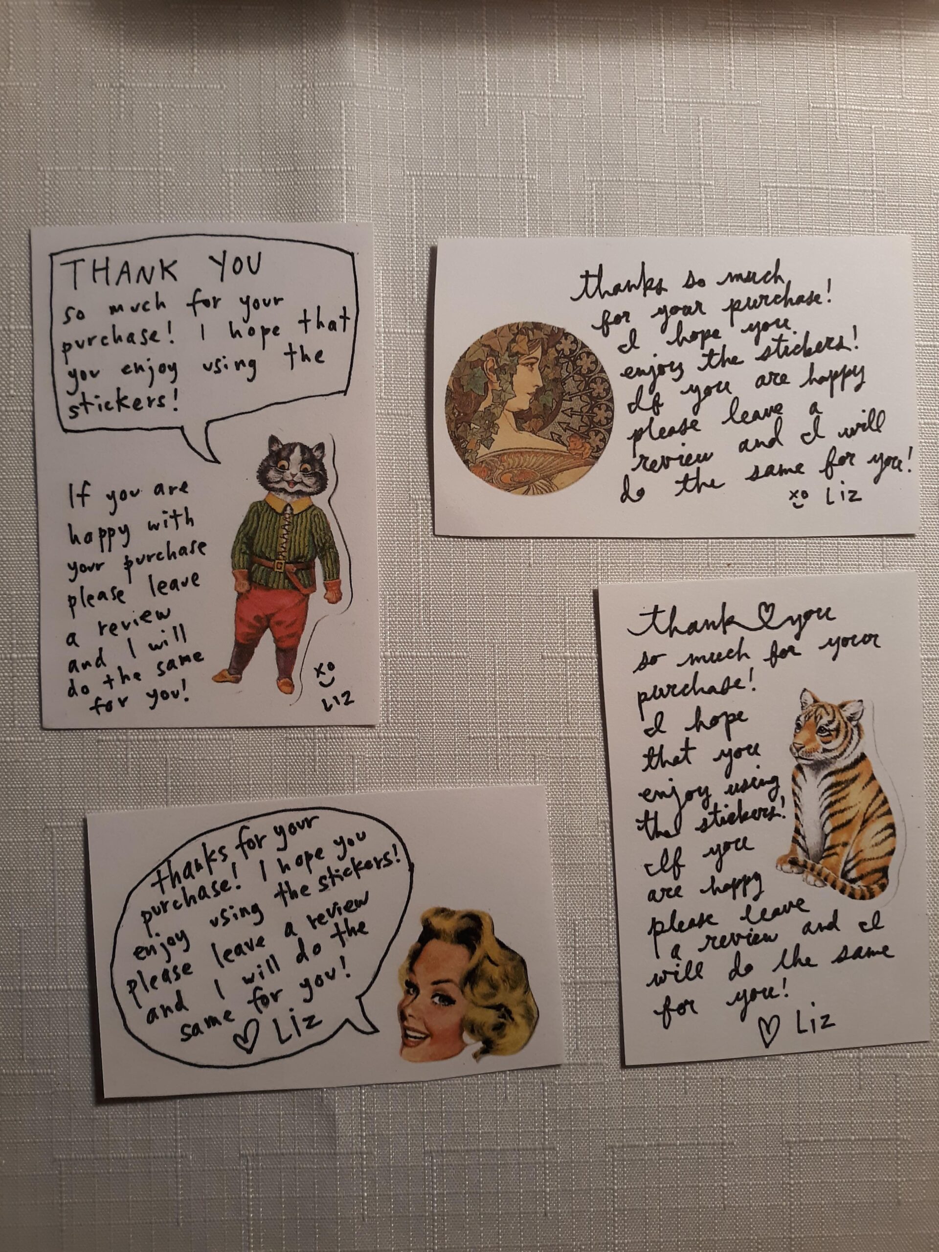 Four handwritten thank you notes decorated with vintage-style illustrations: a raccoon in clothes, a retro woman, a tiger, and a circular woodland scene. Each note expresses gratitude for a purchase and mentions stickers.