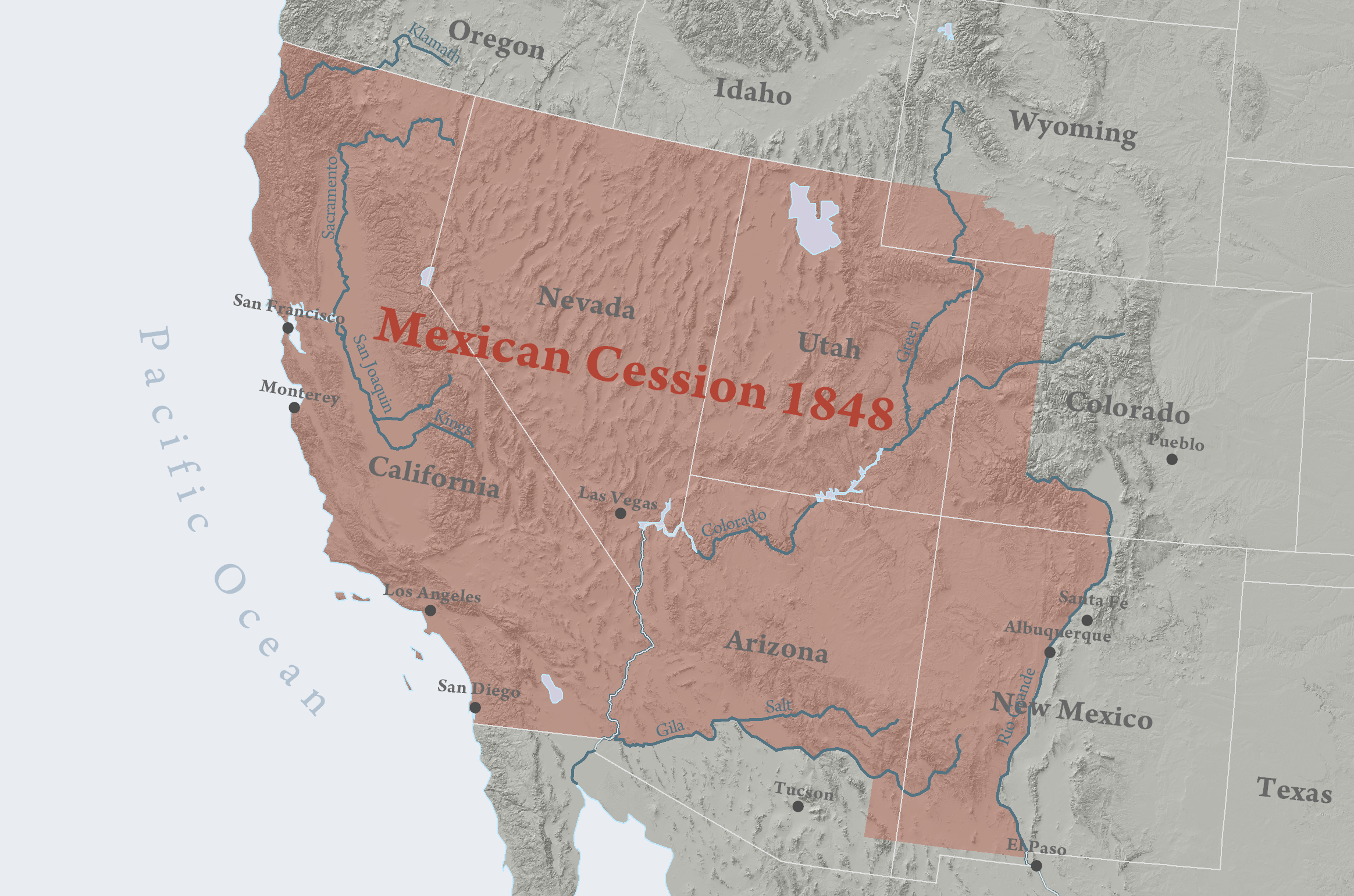 Map showing the southwestern United States, shaded to indicate the area acquired in the Mexican Cession of 1848, including present-day California, Nevada, Utah, Arizona, and parts of other states.