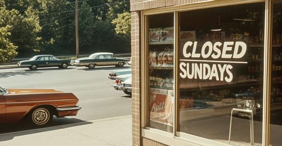 A storefront window displays a "Closed Sundays" sign. Reflections show parked vintage cars and trees lining the street outside on a sunny day. Some store shelves and a chair are visible through the glass.