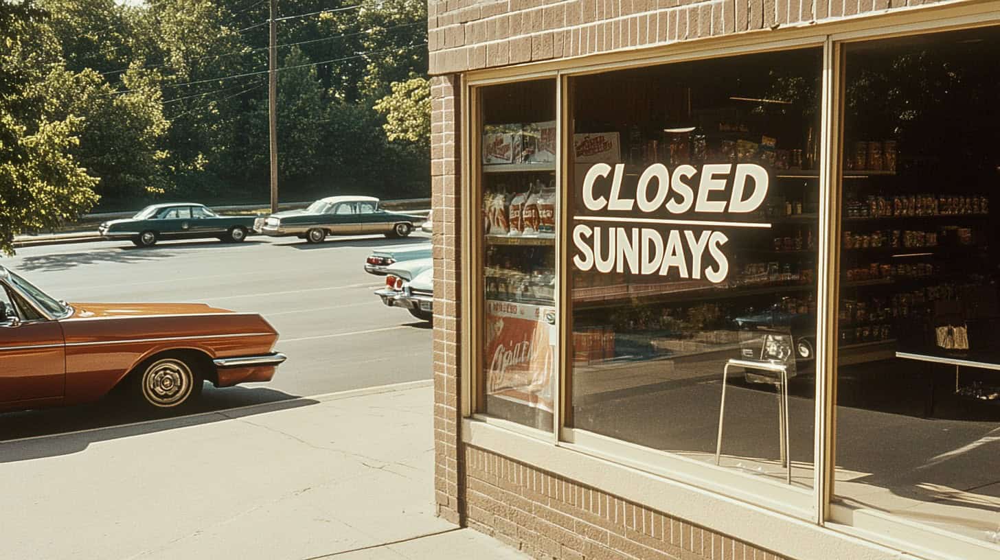 A storefront window displays a "Closed Sundays" sign. Reflections show several vintage cars parked on the street, and trees are visible in the background on a sunny day.