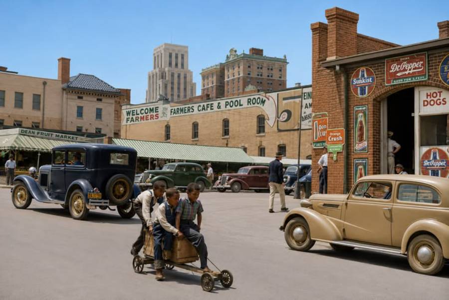 Three boys ride a homemade wooden go-kart in a lively 1930s street scene with vintage cars, brick buildings, and colorful signs advertising a farmers market, cafe, pool room, and soda brands.