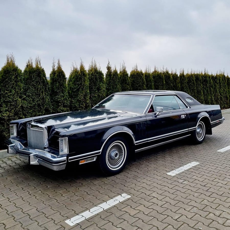 A classic dark blue two-door car with chrome details is parked on a paved lot in front of tall green bushes under a cloudy sky.