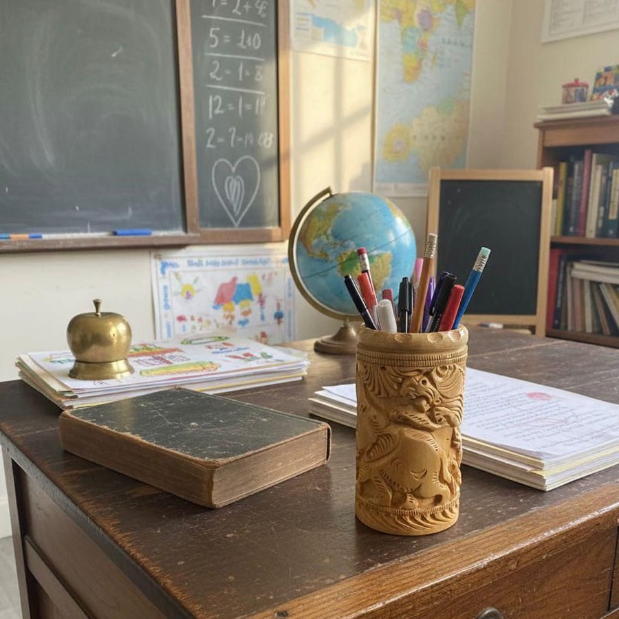 A wooden desk with books, papers, a globe, a brass bell, and a carved pencil holder. A chalkboard and maps are visible in the background, creating a cozy classroom setting.
