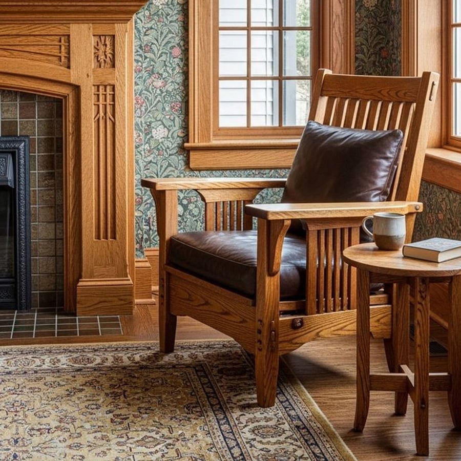 Craftsman-style living room corner with a wooden armchair, brown leather cushion, round side table holding a mug and book, ornate fireplace, patterned rug, and floral wallpaper by large windows.