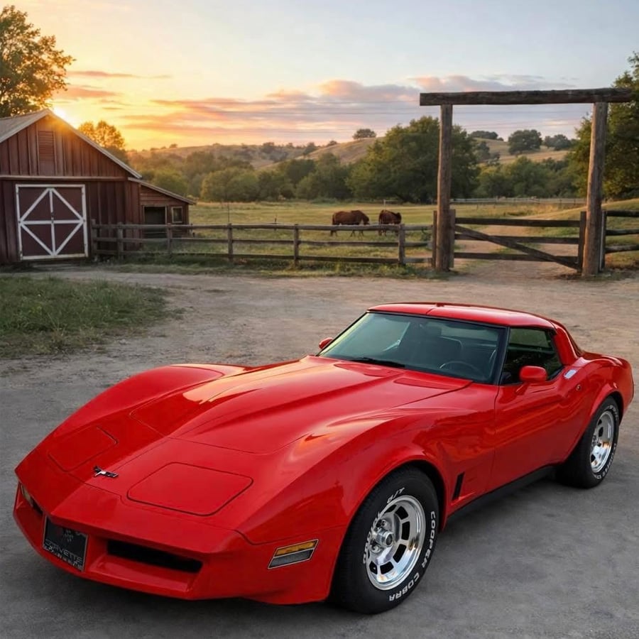 A shiny red sports car is parked on a farm driveway at sunset, with a wooden barn, fence, and two horses grazing in a grassy field in the background.