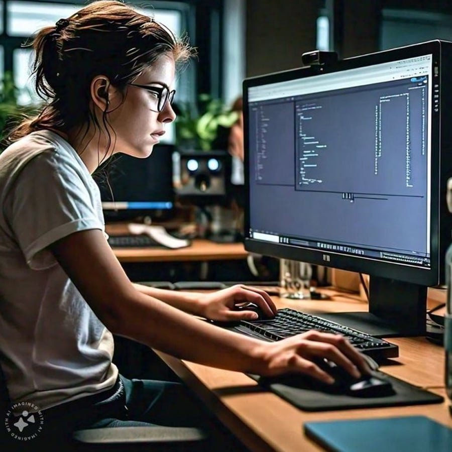 A person wearing glasses works at a desk, focused on code displayed on dual monitors in a modern office setting.