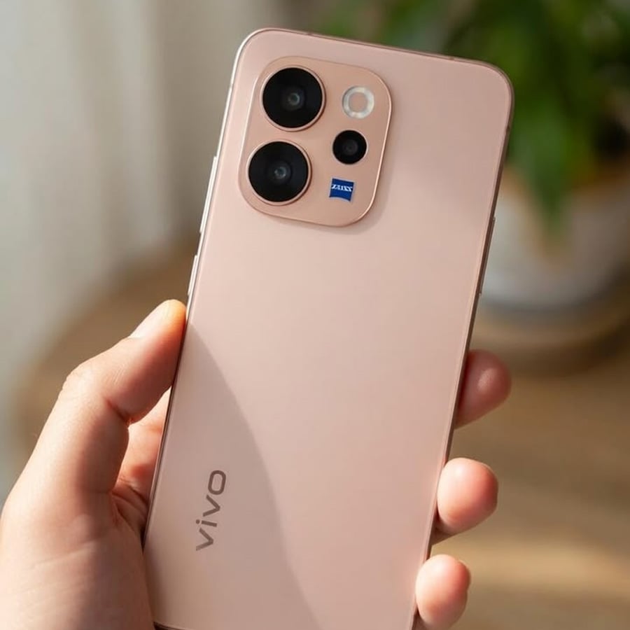 A hand holds a light pink Vivo smartphone, showing its triple camera setup and Zeiss branding on the camera module. A blurred green plant is in the background.