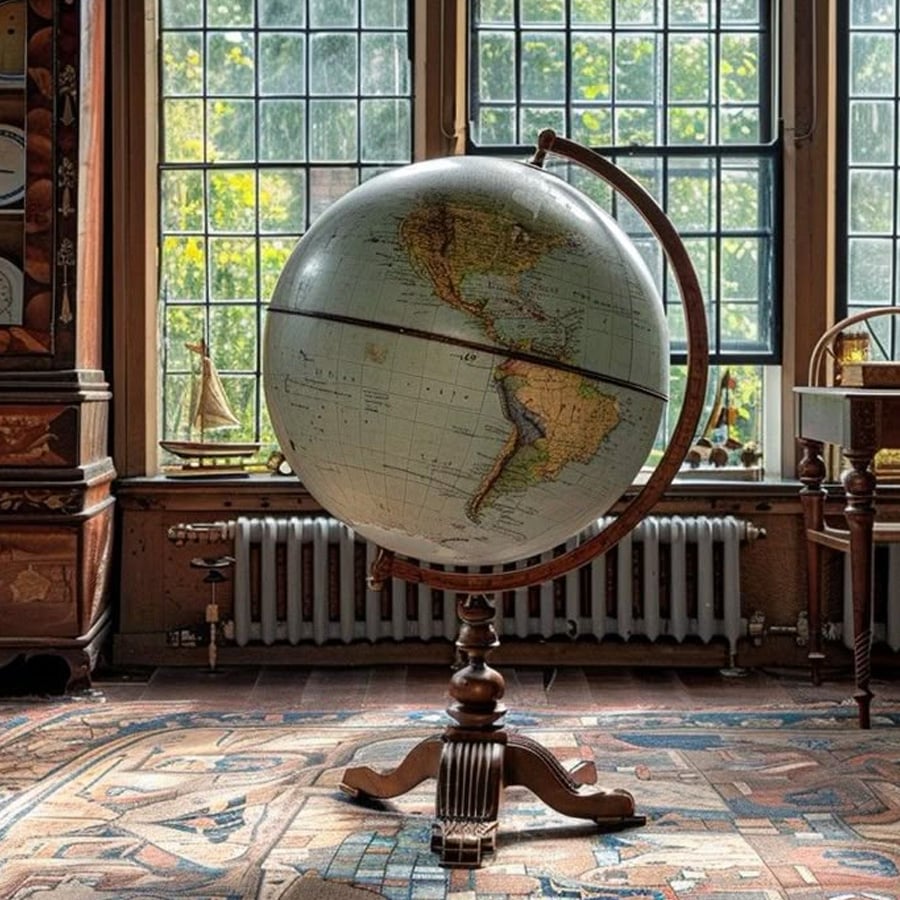 A large vintage globe on a wooden stand sits in front of tall sunlit windows in a cozy, antique-style room with patterned carpet and classic wooden furniture.