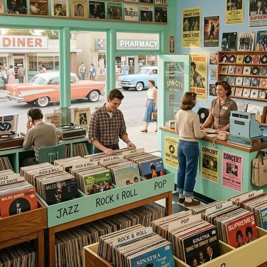 A retro record store with vinyl bins labeled Jazz, Rock & Roll, and Pop. People browse records, a cashier assists a customer, and a red classic car is visible outside near a diner and pharmacy.