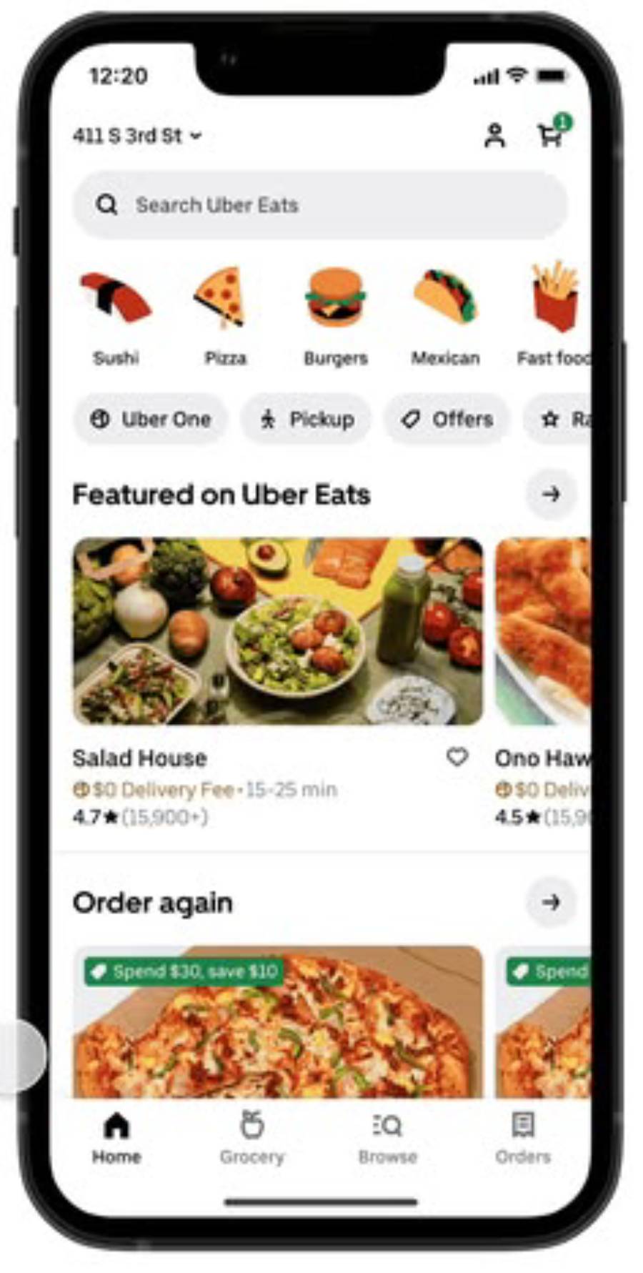 A smartphone displays the Uber Eats app, showing food categories like sushi and pizza, featured restaurants, search bar, and order options with images of salads and pizza.