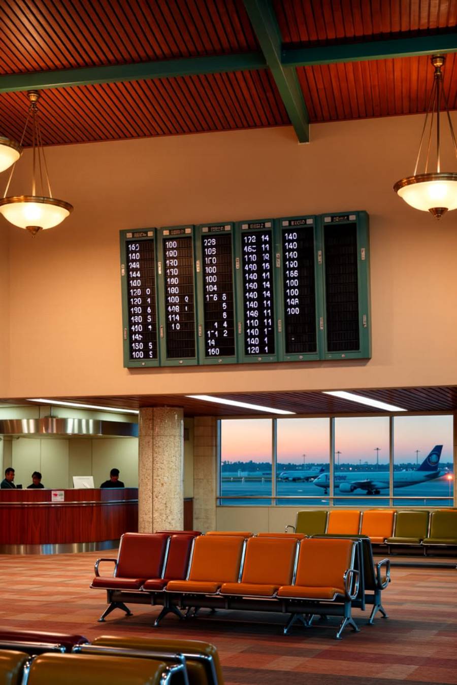 Empty airport waiting area with rows of orange and yellow seats, a vintage split-flap departure board overhead, and large windows showing an airplane on the runway at sunset.