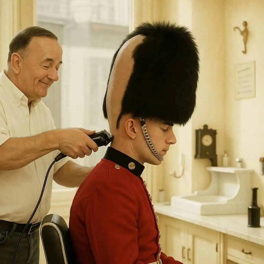 A smiling barber shaves the top of a guard’s elongated head, which matches the height of his tall bearskin hat, inside a bright barbershop.