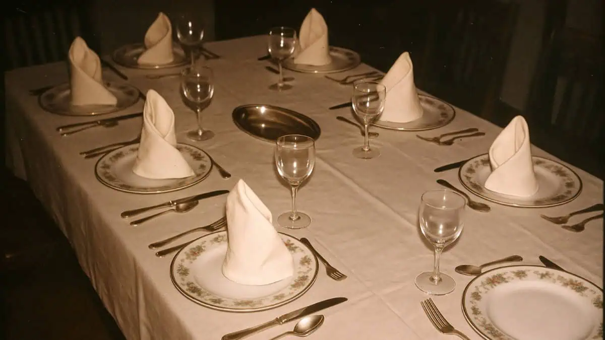 A dining table set for eight with white napkins folded upright on plates, wine glasses, and silverware, all on a white tablecloth.
