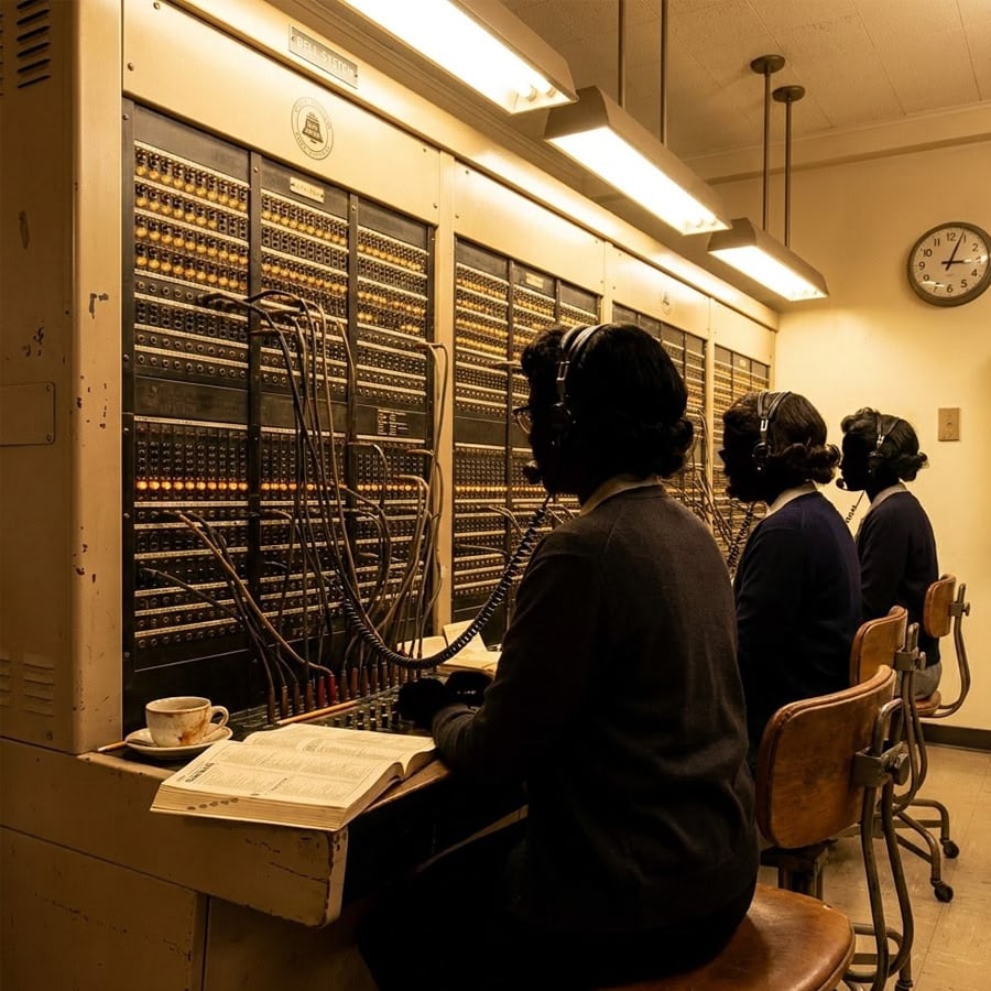 Three women wearing headsets sit at a vintage telephone switchboard, connecting calls with cables. A book and a cup sit nearby; a clock on the wall shows the time. The scene is warmly lit and historic in tone.