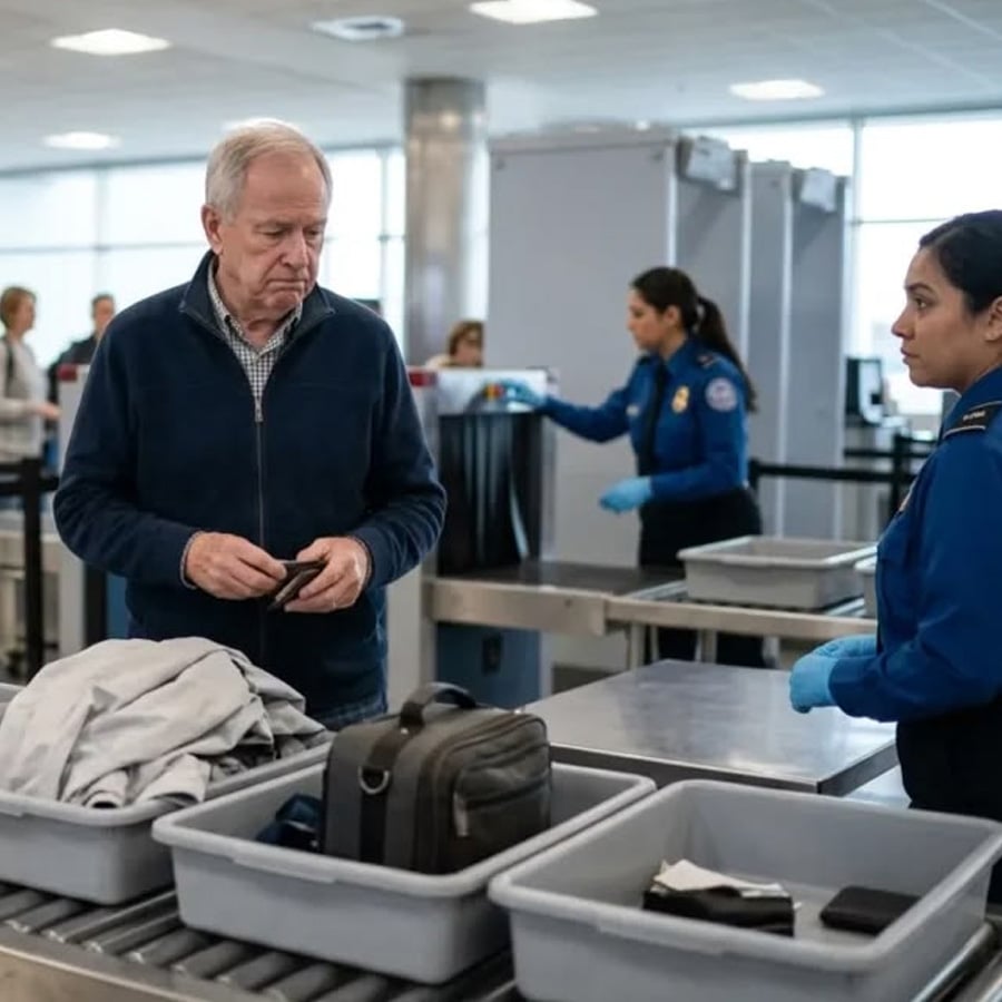 An older man stands at an airport security checkpoint with his belongings in trays as two TSA officers work nearby. He appears to be waiting for his items after screening.