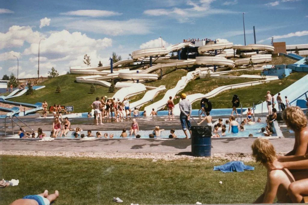 A busy outdoor water park on a sunny day, with people swimming in a pool, relaxing on the grass, and several winding waterslides in the background. The sky is partly cloudy and the area is lively with visitors.