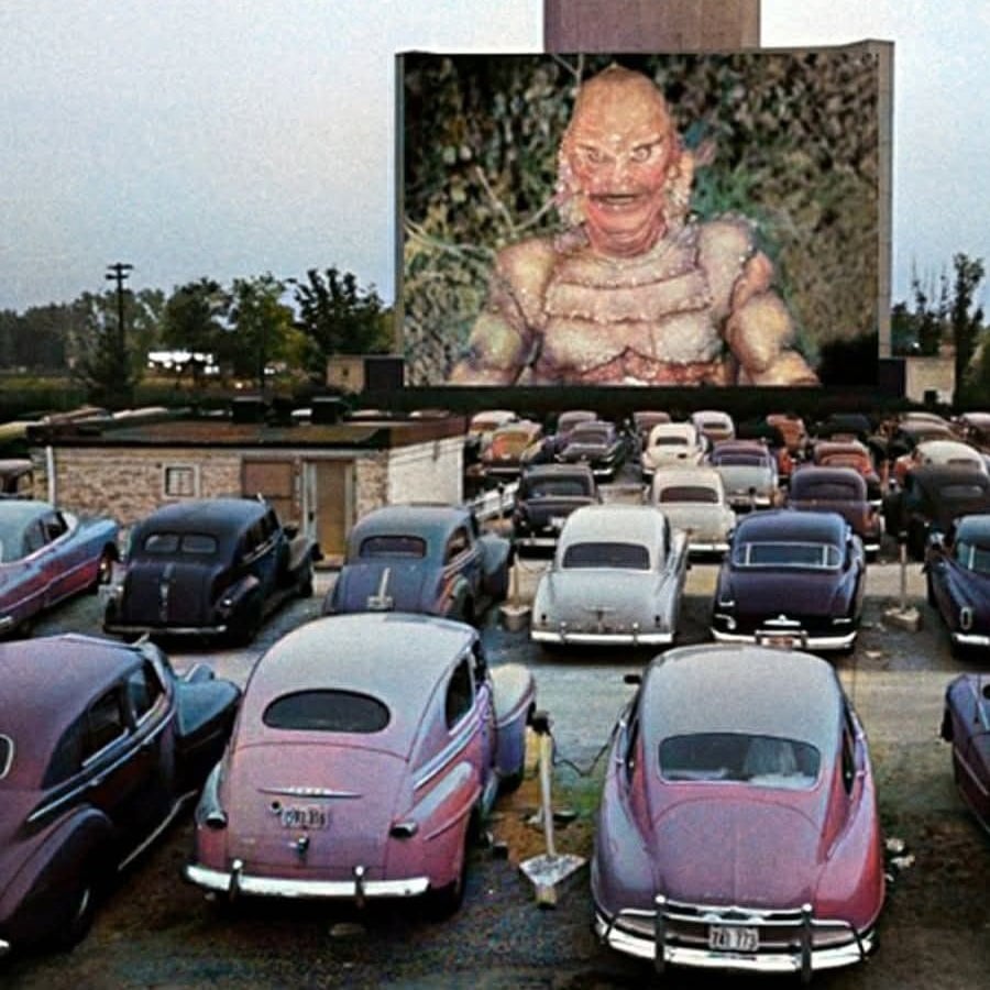 A drive-in theater with classic cars parked facing a large outdoor screen showing a monster movie scene featuring a creature with rough, scaly skin. Trees and small buildings are visible in the background.