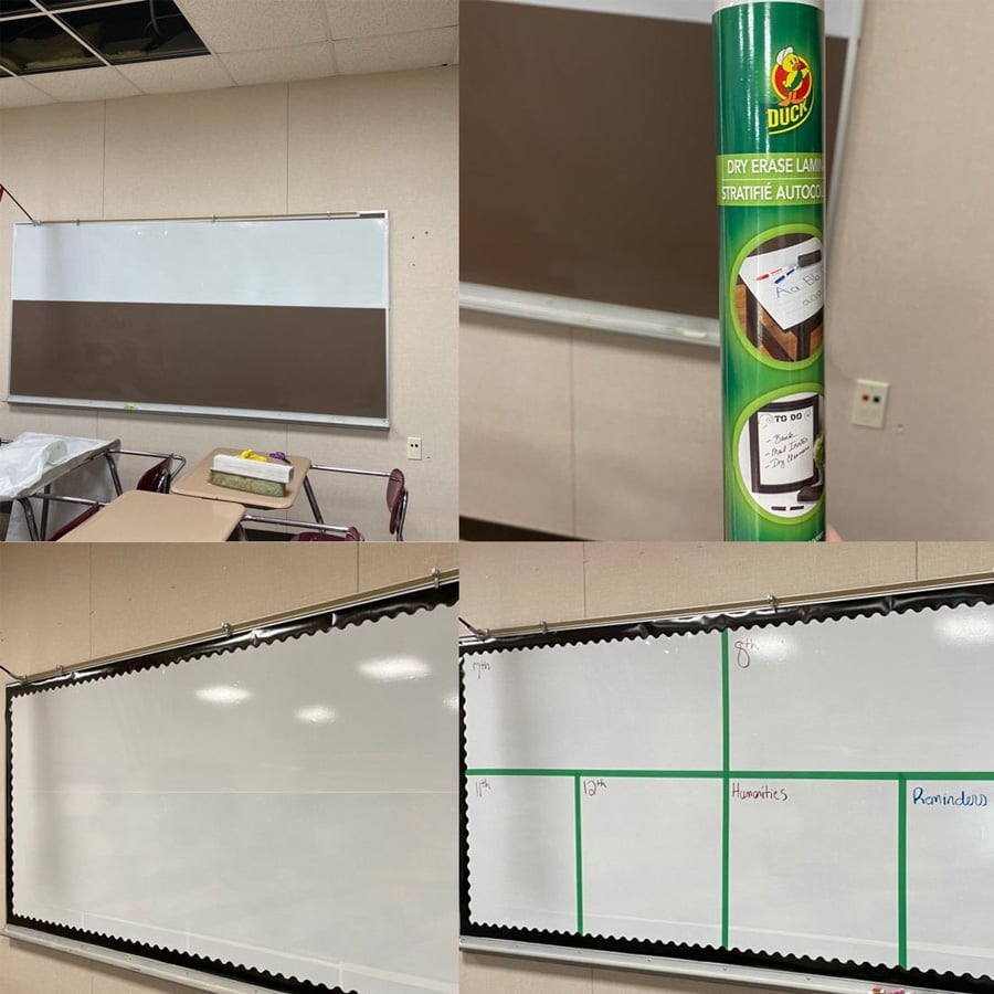 Four photos show a classroom: a whiteboard being covered, a roll of dry-erase laminate, the finished whiteboard, and the board with sections labeled for dates and topics.