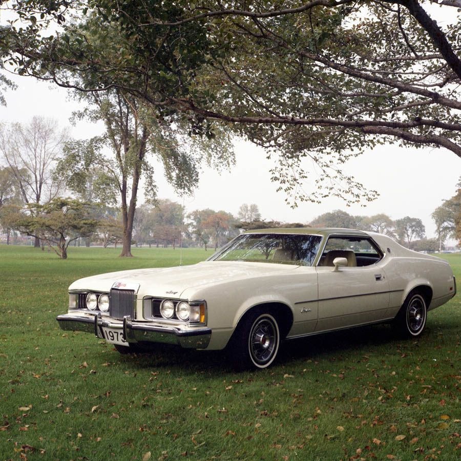 A vintage white car with a 1973 license plate is parked on green grass under large trees in a park on a cloudy day.