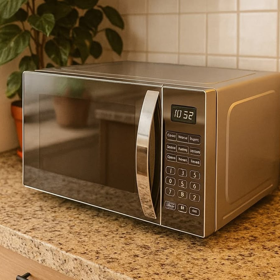 A silver microwave sits on a kitchen countertop, with a digital clock display reading 10:32. There is a potted plant and a tiled backsplash in the background.