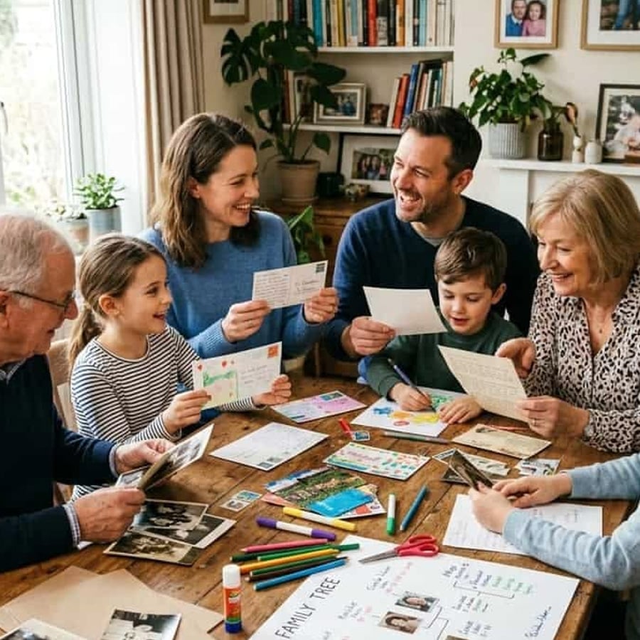 Three generations of a family sit around a table, smiling and sharing letters and photos. The table is covered with craft supplies, papers, and family photos. Books and framed pictures are visible in the background.