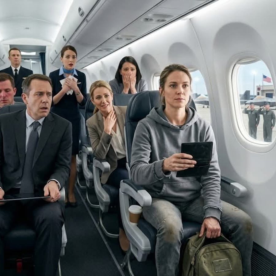 A group of people on an airplane look shocked and concerned. A woman in casual clothes sits in the foreground with a tablet, while others behind her react with surprise. Flight attendants stand nearby.