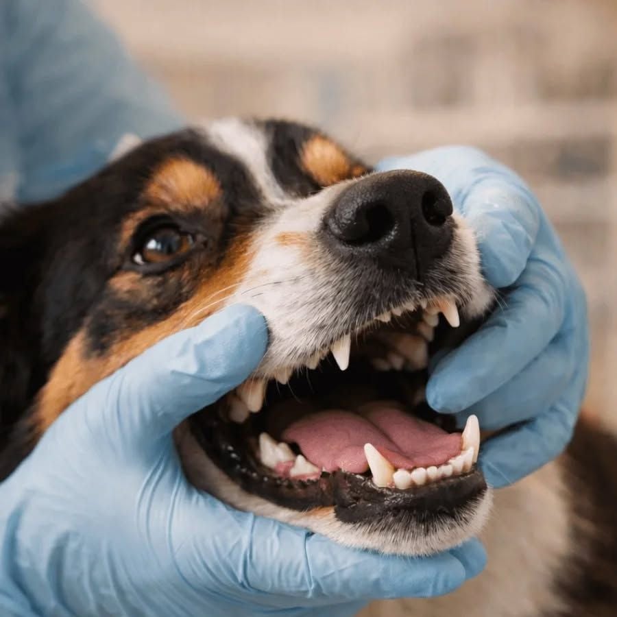 A person wearing blue gloves gently lifts a dog's lips to examine its teeth and gums, showing the dog's open mouth and healthy teeth.
