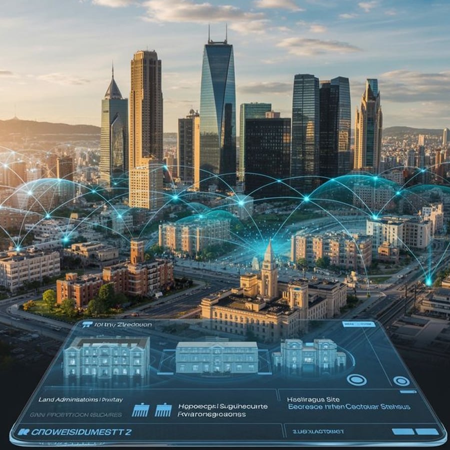 A futuristic city skyline with digital blue network arcs connecting buildings, overlaid with a transparent user interface showing property data and labels, representing smart city technology.