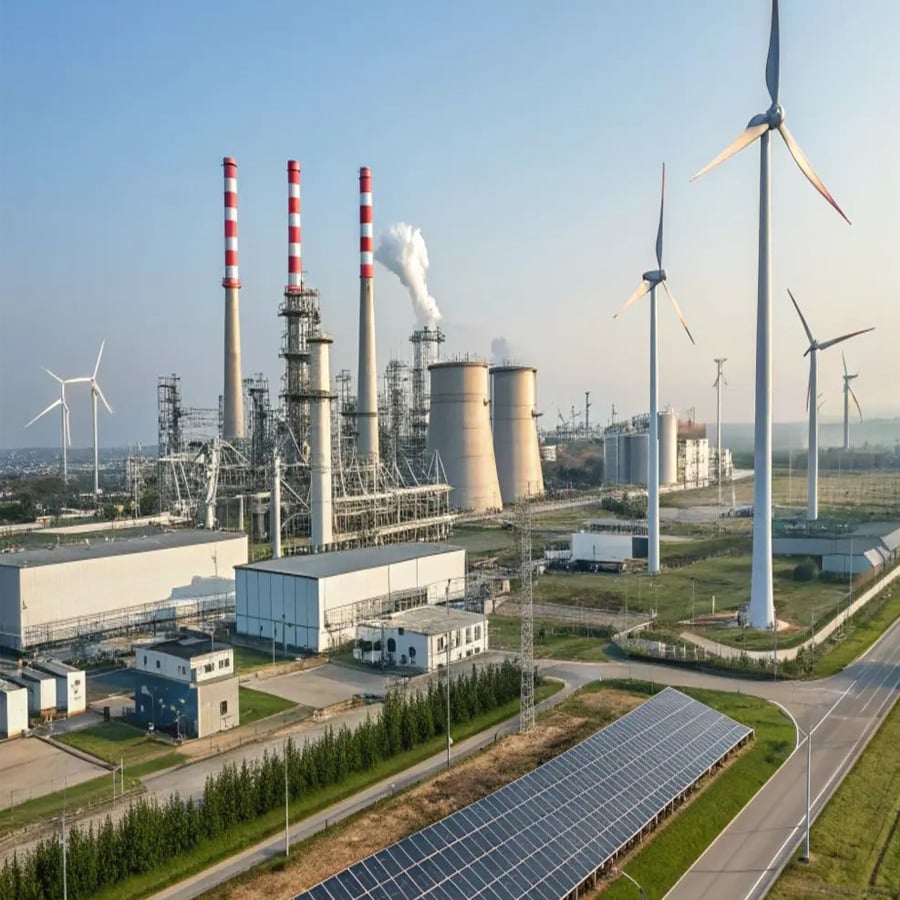 A power plant with smokestacks and cooling towers is seen near wind turbines and solar panels, showing both traditional and renewable energy sources in one landscape.