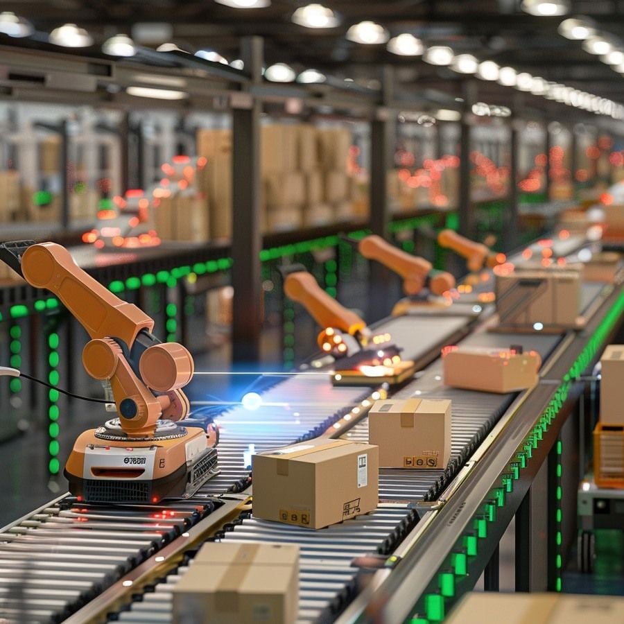 Robotic arms automate the sorting of cardboard boxes on conveyor belts in a brightly lit warehouse, showcasing advanced logistics and efficient package handling technology.