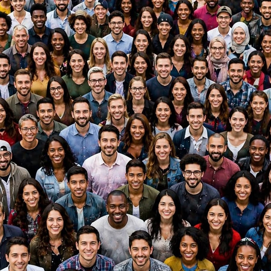 Large group of diverse young adults standing close together, smiling at the camera in several rows, all wearing casual clothing. The background is neutral and people appear happy and engaged.