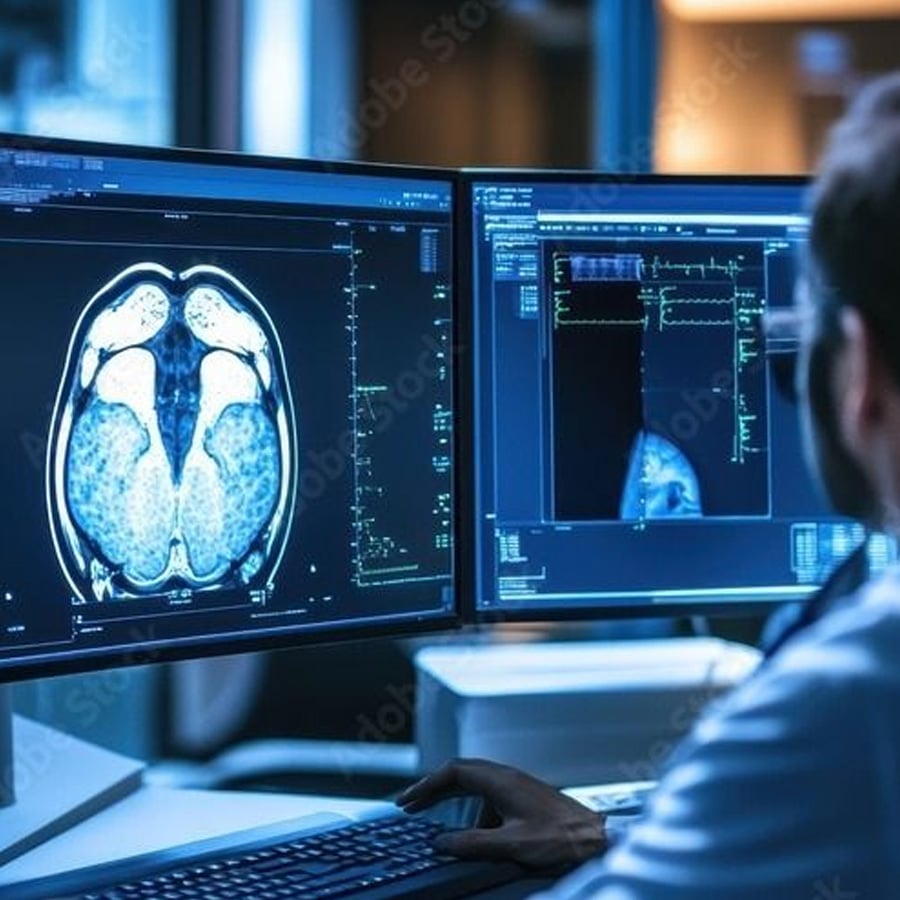 A person in a lab coat examines brain scan images on dual computer monitors in a medical or research setting.