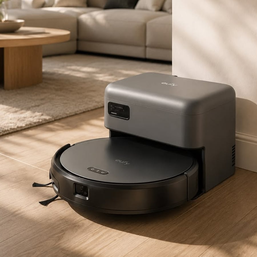 A robotic vacuum cleaner docks in a charging station on a wooden floor in a modern living room with sunlight streaming in.